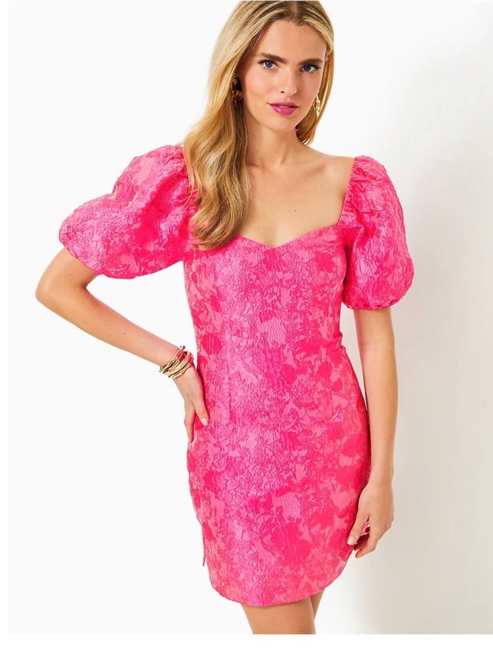 Lilly Pulitzer Passion Pink Puff-Sleeve Jacquard Mini Dress/Romper